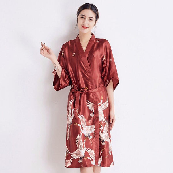RED Women Rayon Robe Chinese Style Bride Wedding Robe Gown Printed Sleepwear Lounge Home Clothes Long Nightgown Night Dress