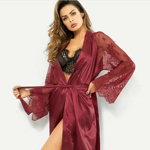 Hirigin High Quality Black Women Satin Rayon Robe Sexy Long Lingerie Sleepwear Kimono Yukata Nightgown Belt Simulation silk gown