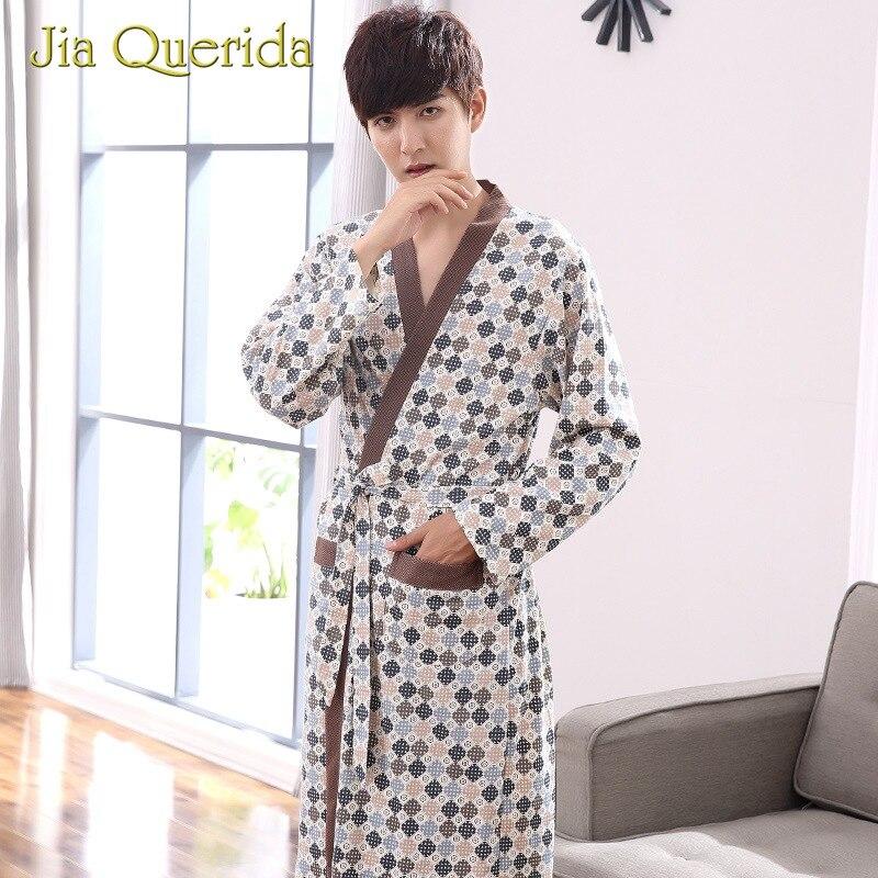 Man Kimono Sleepwear 100% Cotton Knitted Nightwear Robe Loose Weigth Belt Pocket Print Cardigan Long Sleeves Nightgowns Bathrobe