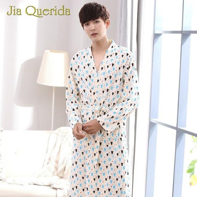 Man Kimono Sleepwear 100% Cotton Knitted Nightwear Robe Loose Weigth Belt Pocket Print Cardigan Long Sleeves Nightgowns Bathrobe