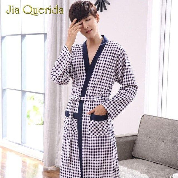 Man Kimono Sleepwear 100% Cotton Knitted Nightwear Robe Loose Weigth Belt Pocket Print Cardigan Long Sleeves Nightgowns Bathrobe