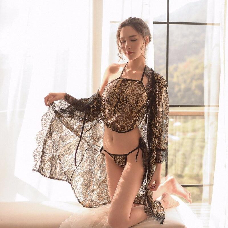 Chinese Vintage Cclassic Apron Sexy Golden Lace Bra Transparent Nightgown Pajamas Set Coat + Briefs + Underwear Mesh 3 Piece Set