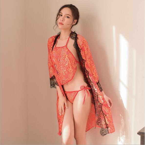 Chinese Vintage Cclassic Apron Sexy Golden Lace Bra Transparent Nightgown Pajamas Set Coat + Briefs + Underwear Mesh 3 Piece Set