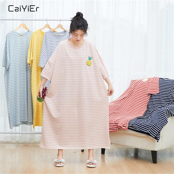 Caiyier 2019 Cotton Nightgowns Fruit Stripe Print Short Sleeve Night Dress Large Size Women Summer Dress Sexy Long nightshirt
