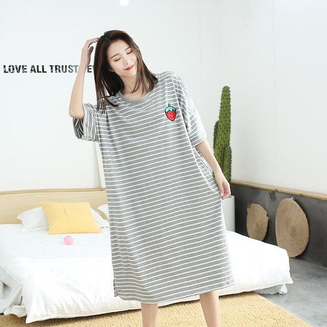 Caiyier 2019 Cotton Nightgowns Fruit Stripe Print Short Sleeve Night Dress Large Size Women Summer Dress Sexy Long nightshirt