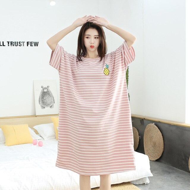 Caiyier 2019 Cotton Nightgowns Fruit Stripe Print Short Sleeve Night Dress Large Size Women Summer Dress Sexy Long nightshirt