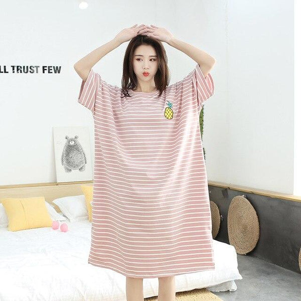 Caiyier 2019 Cotton Nightgowns Fruit Stripe Print Short Sleeve Night Dress Large Size Women Summer Dress Sexy Long nightshirt