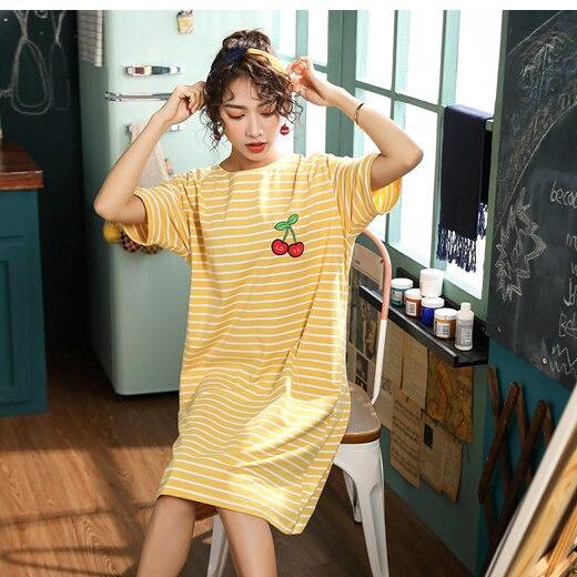 Caiyier 2019 Cotton Nightgowns Fruit Stripe Print Short Sleeve Night Dress Large Size Women Summer Dress Sexy Long nightshirt