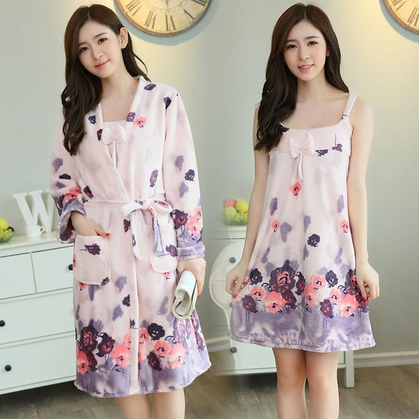 2PCS Thick Warm Nightgowns Flannel Kimono Robes Set for Women 2018 Winter Long Sleeve Coral Velvet Bathrobe Lingerie Night Dress