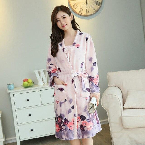 2PCS Thick Warm Nightgowns Flannel Kimono Robes Set for Women 2018 Winter Long Sleeve Coral Velvet Bathrobe Lingerie Night Dress