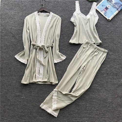 Winter Pajamas Set Woman Warm Sleepwear Cotton Lace Pajamas Nightwear Long Sleeves Pants 3 Peices Nightgown Sexy Pijamas Women