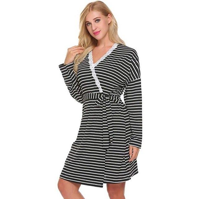 Women V Neck Long Sleeve Stripe Split Maternity Pregnancy Nursing Nightgowns
