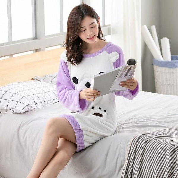 2019 Winter Thick Warm Flannel Nightgowns for Women Long Sleeve Coral Velvet Sleepwear Night Dress Girls Cute Cartoon Nightdress