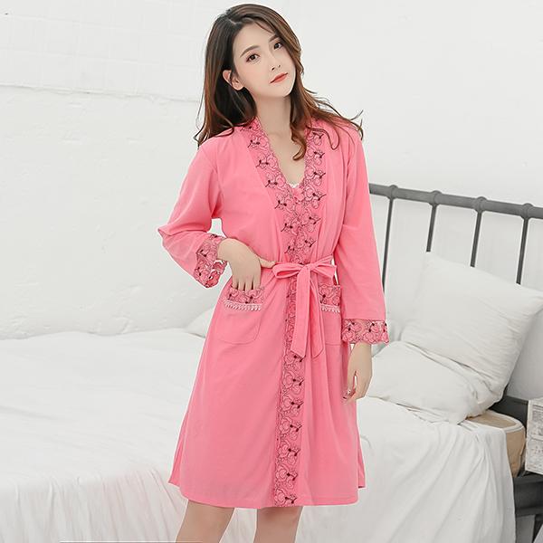 2PCS Plus Size Sexy Cotton Robes Set for Women Spring Autumn Lace Long Sleeve Night Dress Sleepwear Bathrobe Two Piece Nightgown