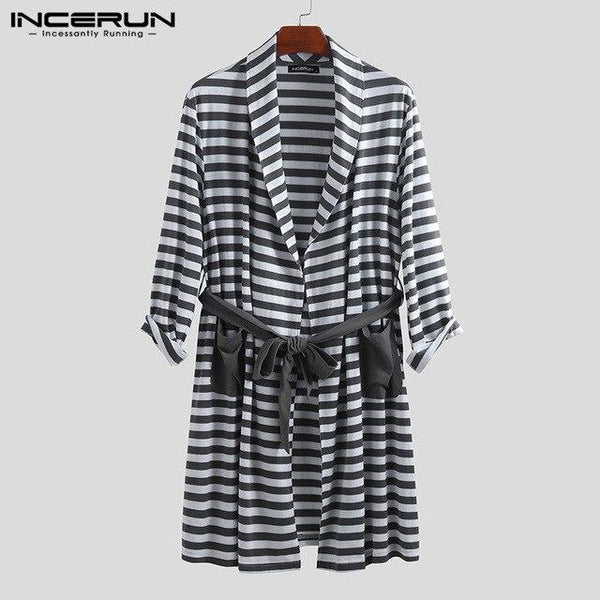 INCERUN Men's Literary Nightgown Striped Lapel Pocket Fashion Long Sleeve 2019 New Loose Tie Long Paragraph High Quality Robe
