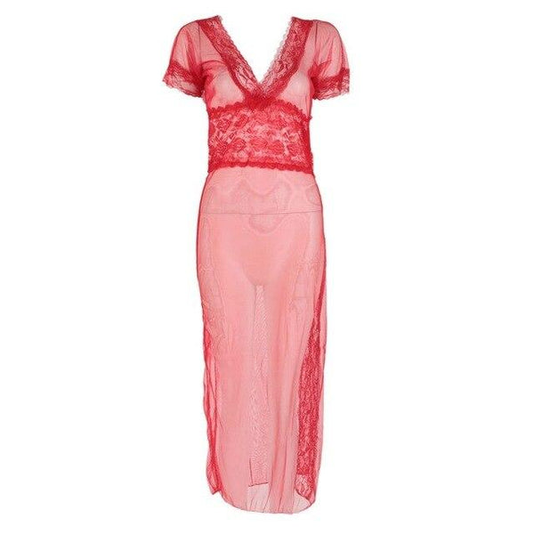 Women Sexy Long Dressing Night Sheer Dress Nightgown Sleepwear Lingerie +Thong Sleep Tops
