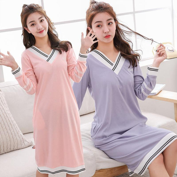 2019 Spring New Cotton V-neck Nightgown for Women Long Sleeve Home Dress Sleepwear Nightwear Loose Night Dress Nightdress Nighty