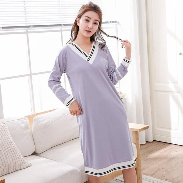 2019 Spring New Cotton V-neck Nightgown for Women Long Sleeve Home Dress Sleepwear Nightwear Loose Night Dress Nightdress Nighty