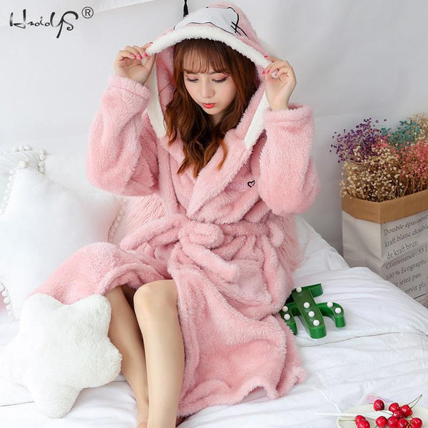 Women Sleep Robes Nighties Autumn Thick Flannel Warm Robe Long Sleeve Cute Cartoon Robe Nightgown Bathrobe Sleepwear Gown Female