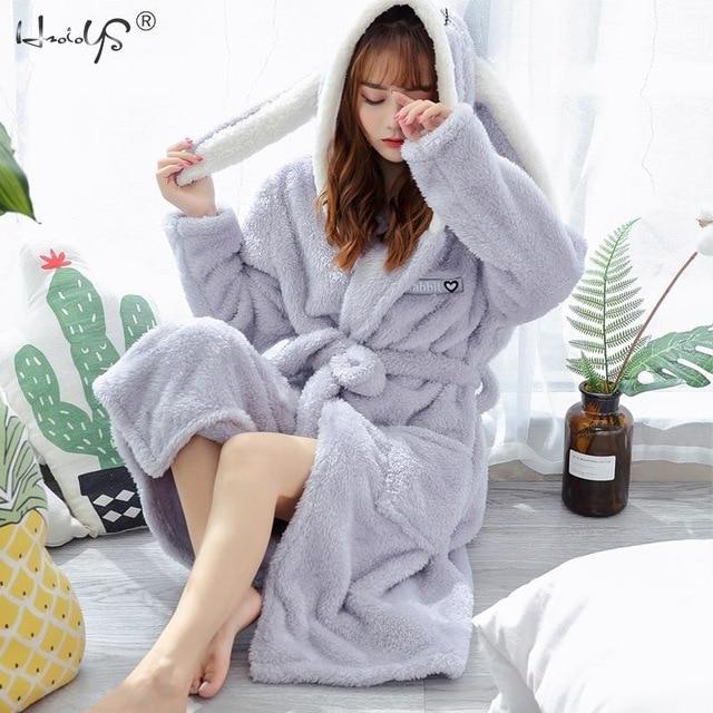 Women Sleep Robes Nighties Autumn Thick Flannel Warm Robe Long Sleeve Cute Cartoon Robe Nightgown Bathrobe Sleepwear Gown Female