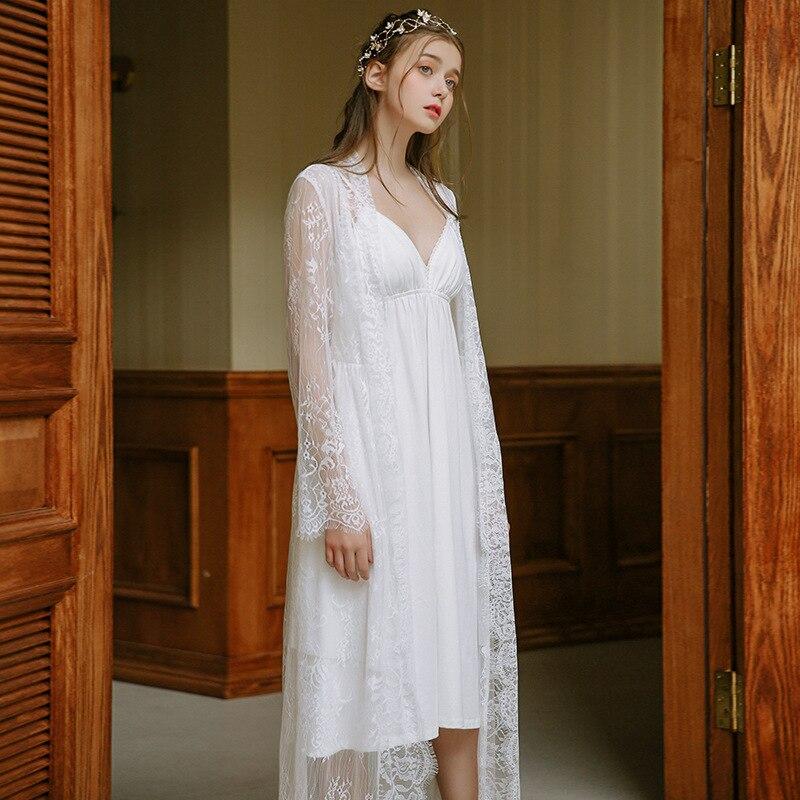 2019 Spring Women Long Nightgowns Robe Sets Lace Nightdress White Sleepwear Two Piece Sets V Neck Sexy Ladies Home Clothes