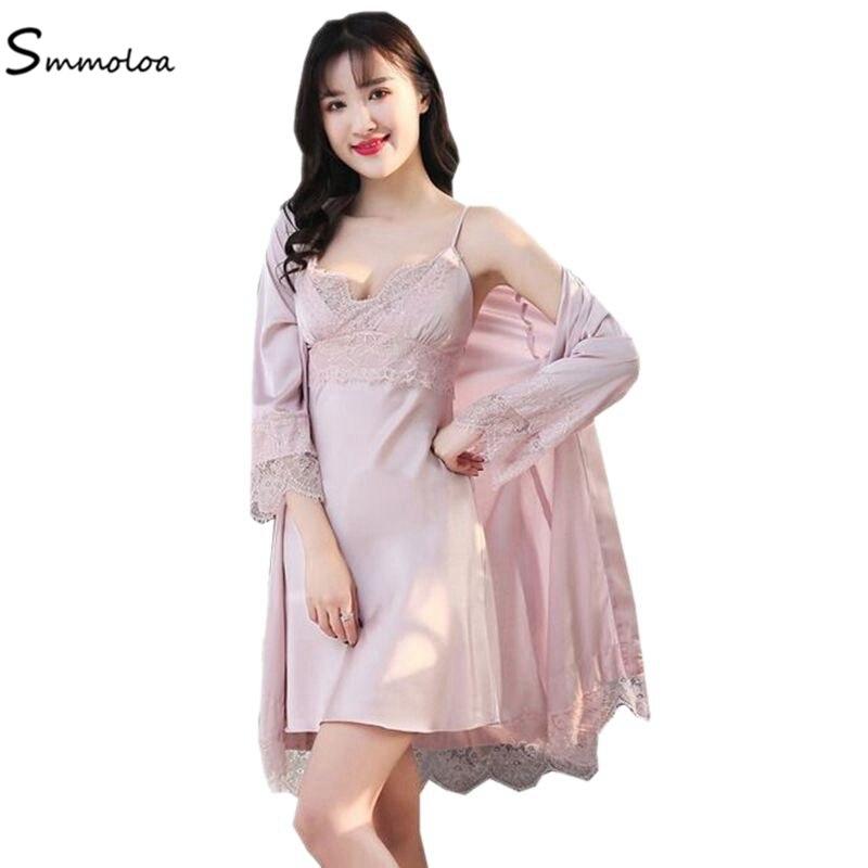 Smmoloa Long Sleeve Silk Robe Nightgown Set