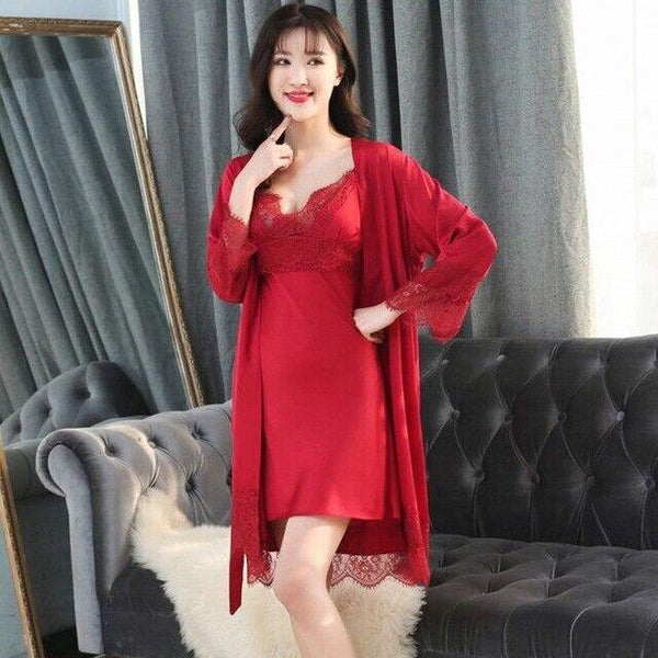 Smmoloa Long Sleeve Silk Robe Nightgown Set