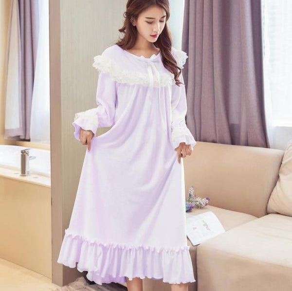 Cute lace patchwork Flannel warm winter sleep dress female long sleeve princess o-neck nightgowns home clothes gx1531