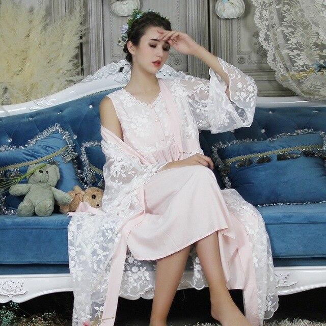 Autumn Cotton Women Embroidered Rob Sets White 2 Pieces Lace Nightgowns Long Sleeve Retro Solid Color Sleepwear Home Wear 063