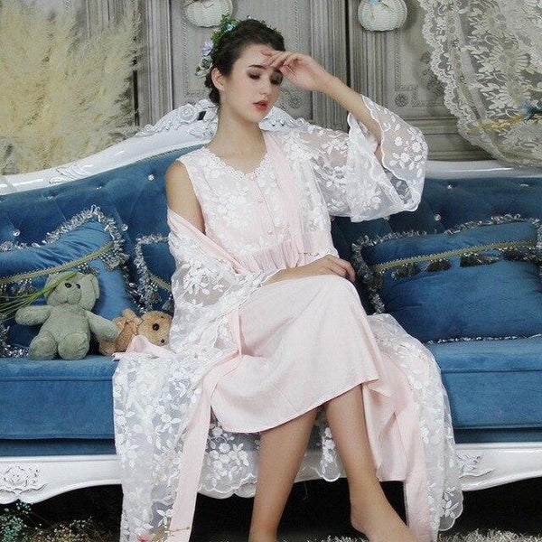 Autumn Cotton Women Embroidered Rob Sets White 2 Pieces Lace Nightgowns Long Sleeve Retro Solid Color Sleepwear Home Wear 063