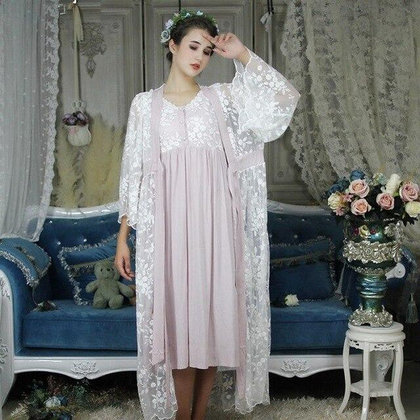 Autumn Cotton Women Embroidered Rob Sets White 2 Pieces Lace Nightgowns Long Sleeve Retro Solid Color Sleepwear Home Wear 063
