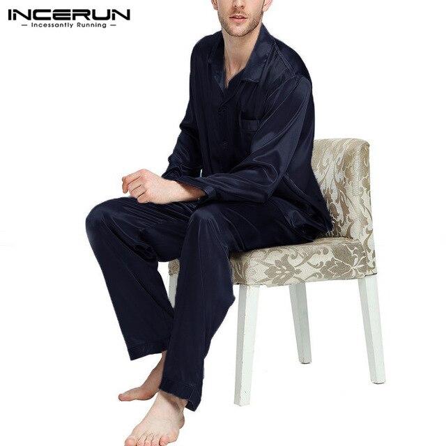 INCERUN Silk Satin Men Pajamas Sets Long Sleeve Sleepwear Suit Solid Color Comfortable Homewear Button Tops Pants Nightgown 2019
