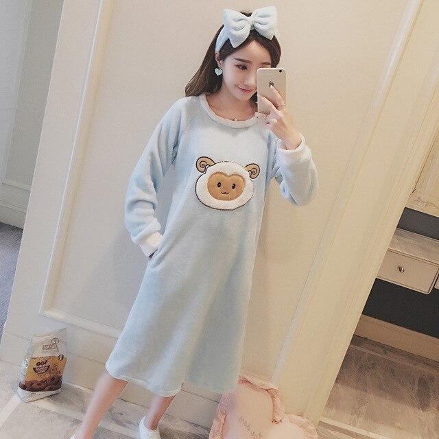 Nightgowns Women Winter Kawaii Long Sleeve Thicken Nightgown Flannel Bathrobe Womens Cartoon Sleepwear Soft Warm Trendy Lovely