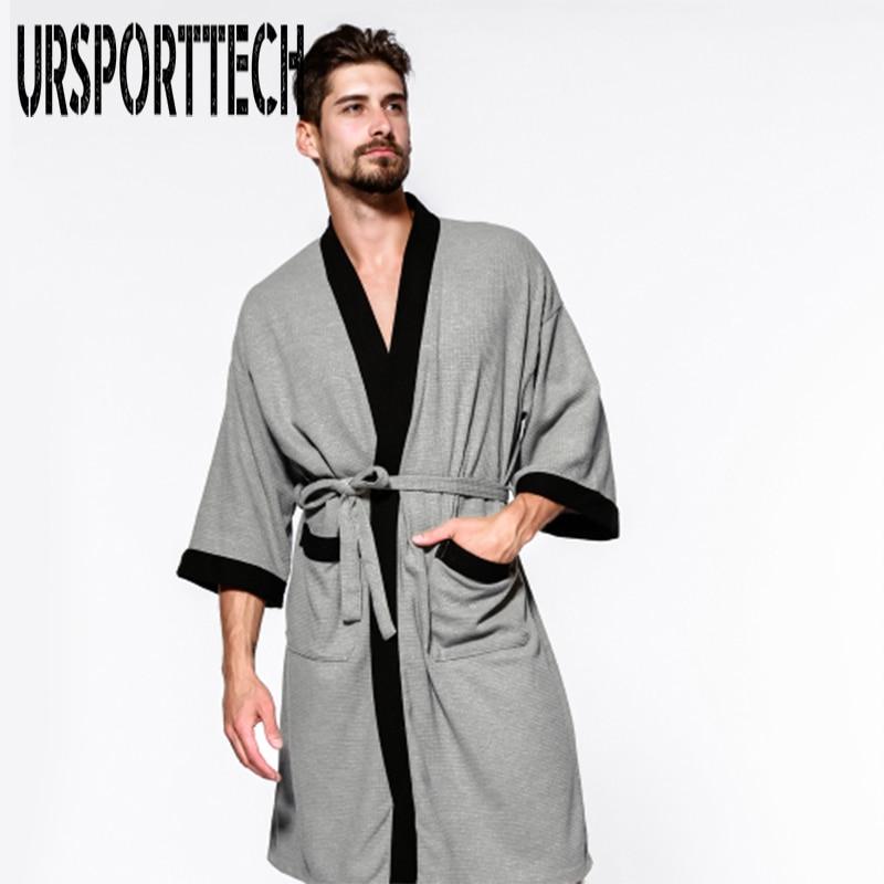 Casual Waffle Knit Cotton Male Robes Bathrobes Long-sleeved Sauna SPA Bathrobes Roupao Lovers Kimono Pajama Robes Man Nightgown