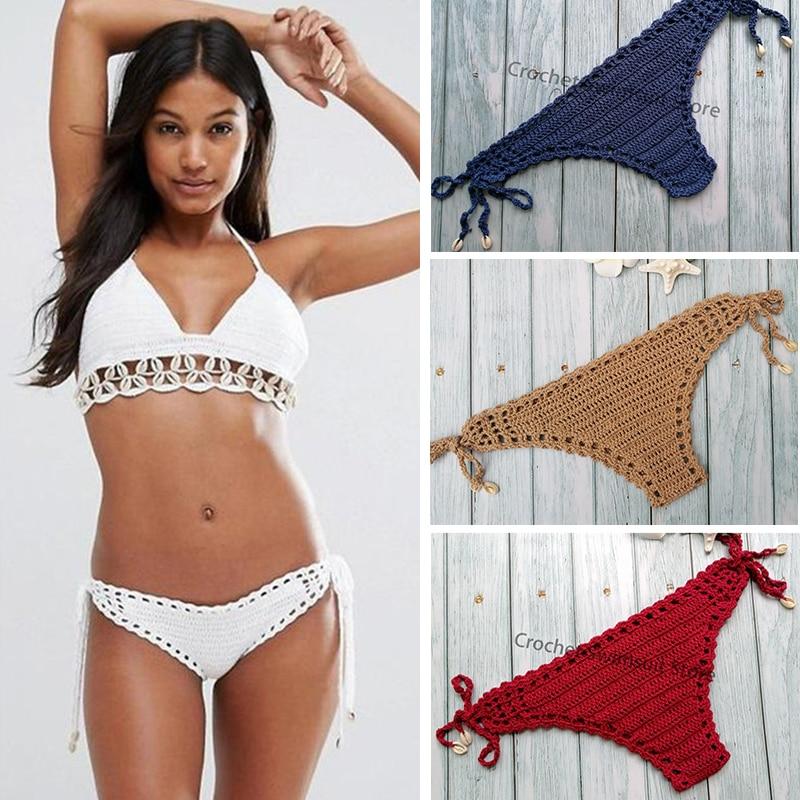 Women Unique Sexy Handmade Crochet Swimwear Bikini Bottom Hollow-out Low Waist Bathing Suit Triangle Briefs Swim knicke