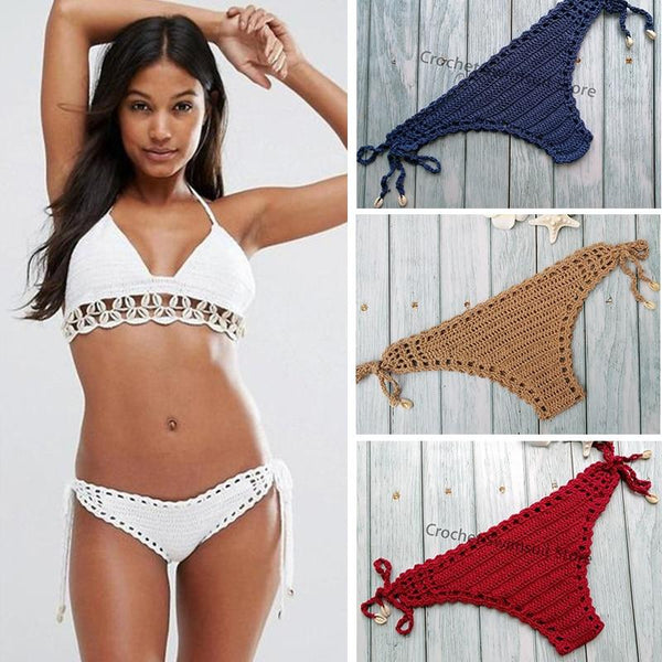 Women Unique Sexy Handmade Crochet Swimwear Bikini Bottom Hollow-out Low Waist Bathing Suit Triangle Briefs Swim knicke
