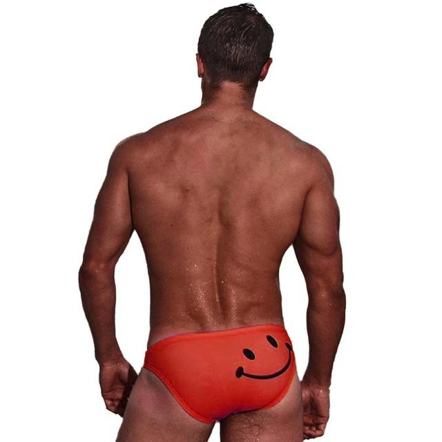 Men Swimming Sexy Briefs Cartoon Smiling Face Printed Low Waist Elastic Cotton Beach Trunks Swimwear Swimsuit Swimming Suit