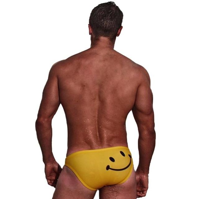 Men Swimming Sexy Briefs Cartoon Smiling Face Printed Low Waist Elastic Cotton Beach Trunks Swimwear Swimsuit Swimming Suit