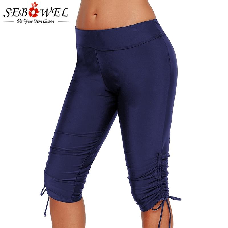 SEBOWEL Blue Side Drawstring Rash Guard Boardshort Women 2019 Summer Swimwear High Waist Swim Bottom Plus Size Bikini Bottom 3XL