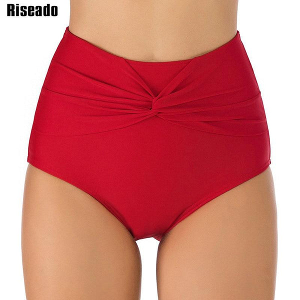 Riseado Red Bikini Bottom New Ruched Swimwear Women Sexy Solid Swimsuit High Waist Bathing Suit Women 2019 Summer Beach Wear