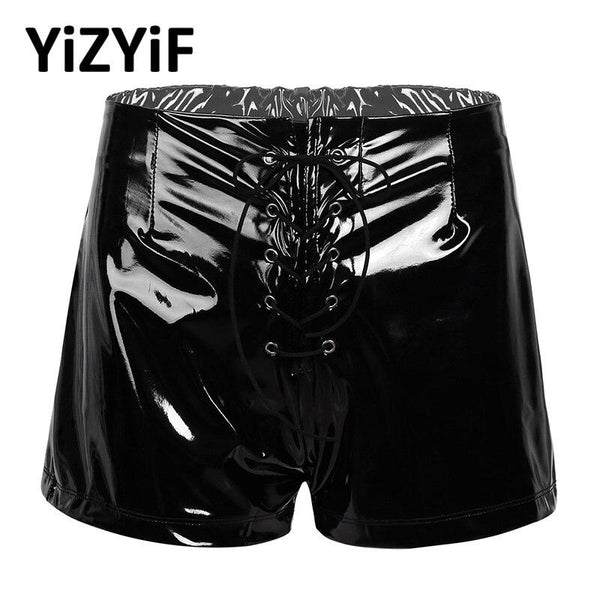 Women Sexy Shiny Metallic Shorts Dance Bottoms Swimwear Wet Look PU Leather High Waist Front Lace Up Booty Shorts Hot Shorts