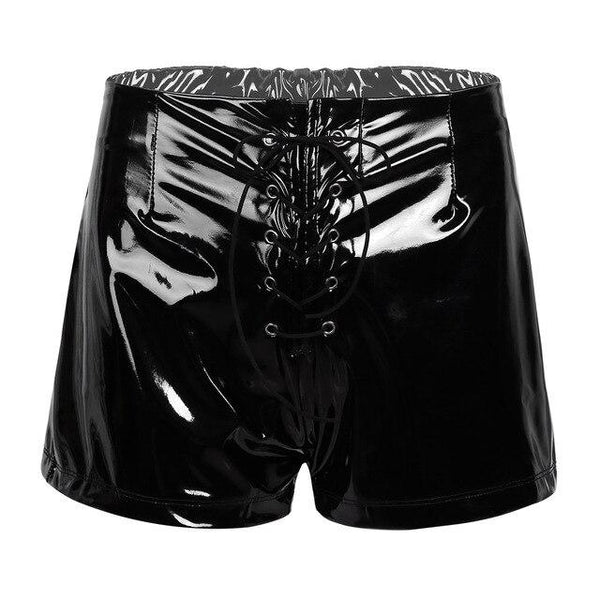 Women Sexy Shiny Metallic Shorts Dance Bottoms Swimwear Wet Look PU Leather High Waist Front Lace Up Booty Shorts Hot Shorts