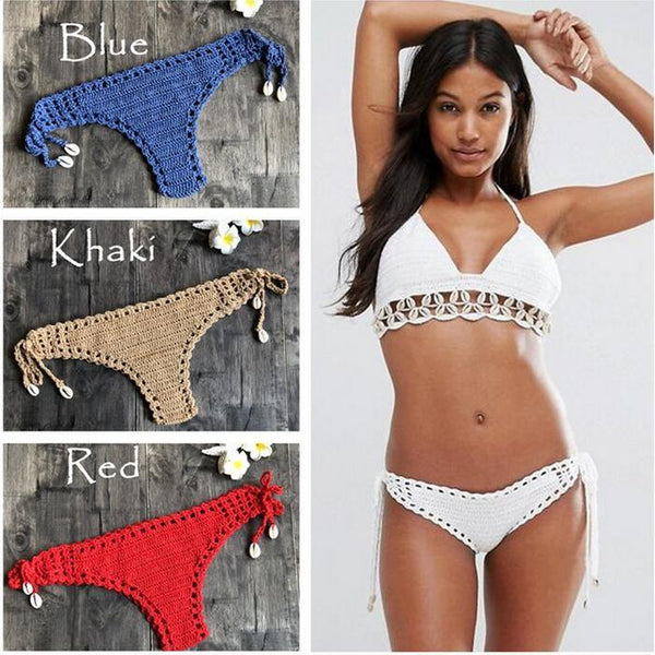 Women Unique Sexy Handmade Crochet Swimwear Bikini Bottom Hollow-out Low Waist Bathing Suit Triangle Briefs Swim knicker
