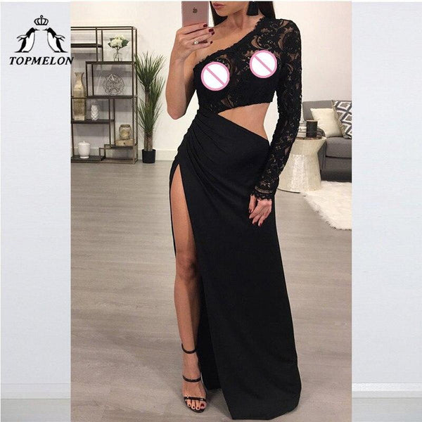 TOPMELON Sexy Party Dresses Women Summer 2018 Maxi Cut Out Dress One Shoulder Sleeve Lace Floral Plus Size Slimming Dress