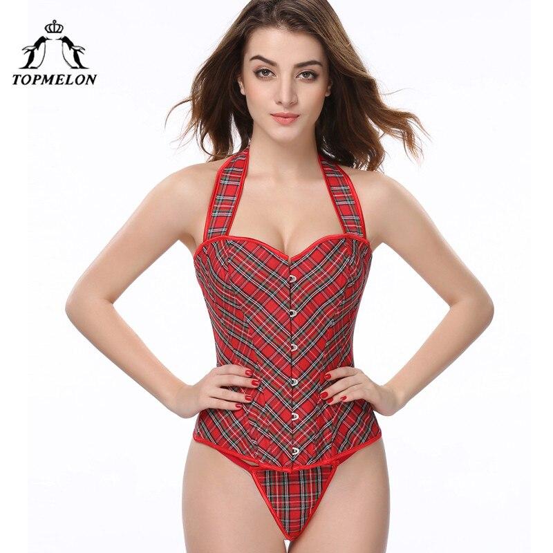 TOPMELON Corset Bustier Gothic Corsets and Bustiers Corselet Women Shapers Red Boned Plaid Halter Party Shows Club Corset Tops