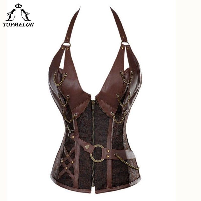 TOPMELON Steampunk Corset Bustier Gothic Corset Women Corselet Sexy Corset Halter Retro Chains Rivet Steel Boned New Tops 6XL
