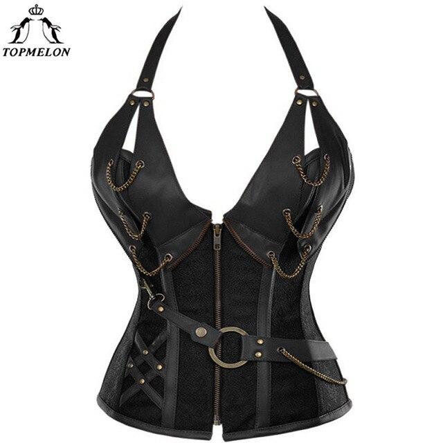 TOPMELON Steampunk Corset Bustier Gothic Corset Women Corselet Sexy Corset Halter Retro Chains Rivet Steel Boned New Tops 6XL