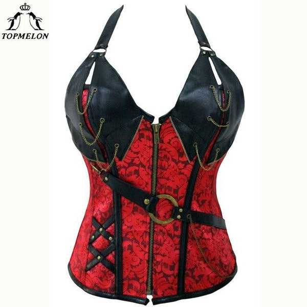 TOPMELON Steampunk Corset Bustier Gothic Corset Women Corselet Sexy Corset Halter Retro Chains Rivet Steel Boned New Tops 6XL