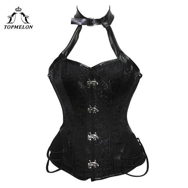 TOPMELON Gothic Choker Corset Female Punk Sexy Style Floral Black Sleeveless Top Leather Cosplay Party Costume for Women