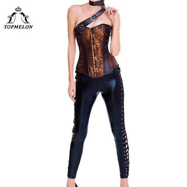 TOPMELON Corselet Single Shoulder Steampunk Bustier Sexy Women Gothic Shapers Chains Floral Choker Tops for Holiday Cosplay Show
